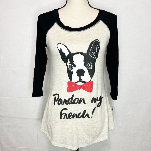 Pardon My French Dog Raglan Sleeve Rayon Blend Stretch T-shirt Size S NEW NWT - Picture 1 of 6